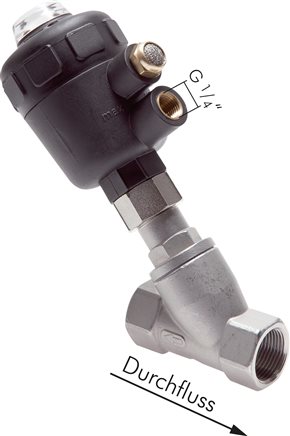 Exemplary representation: Stainless steel angle seat valve, pneumatically actuated, plastic